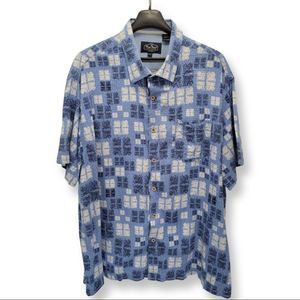 Nat Nast Button Up Shirt Short Sleeve Blue Geometric Casual Silk Cotton Size 2XL